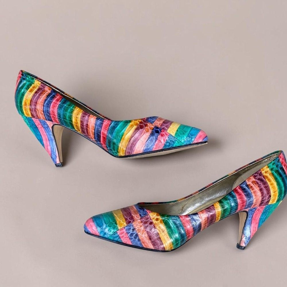 Vintage Rainbow Genuine Leather Snakeskin Pumps Multicolor Heels US Size 8